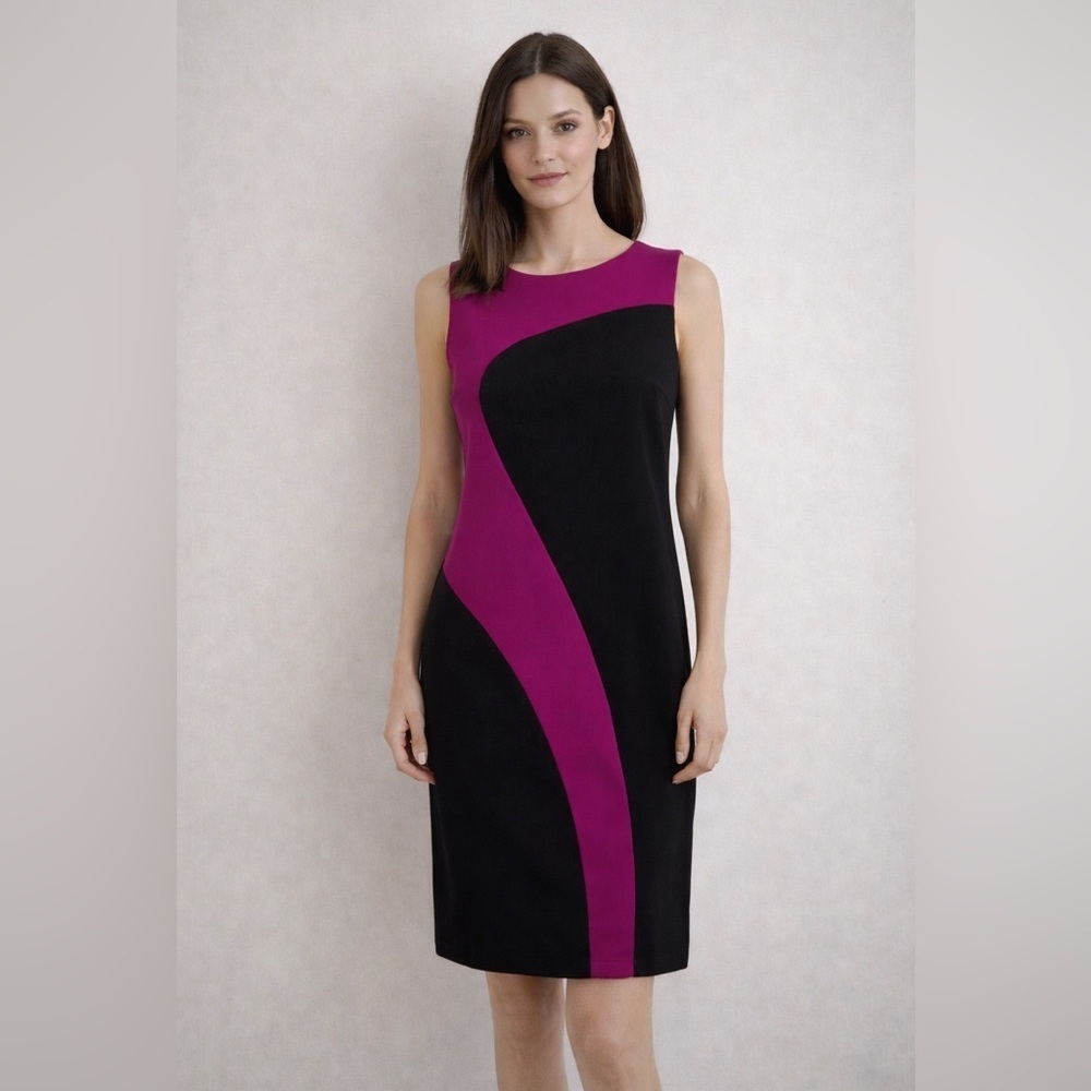 SANDRA DARREN MAGENTA PINK & BLACK SWIRL SLEEVELESS MODETTE DRESS size 10